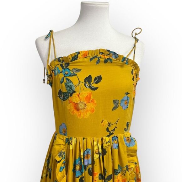 Anthropologie Maeve Midi Maxi High-Low Ruffle Dress, gold yellow Floral sundress - Picture 6 of 15